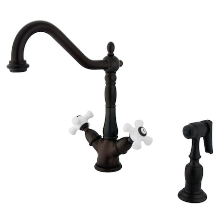 Kingston Brass KS1235PXBS 2-Handle Kitchen Faucet W/Brass Sprayer & 8" Plate, Bronze KS1235PXBS